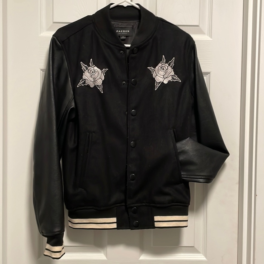 Pacsun Varsity Bomber Jacket Black w/ Embroidery Mens S